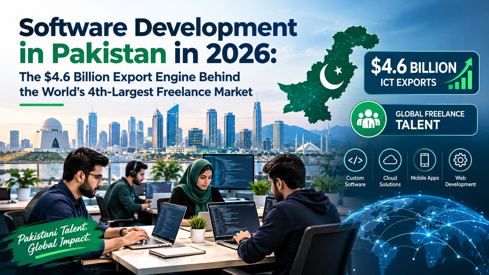 Software development in Pakistan in 2026 highlighting $4.6 billion in ICT exports and the country’s global freelance talent.